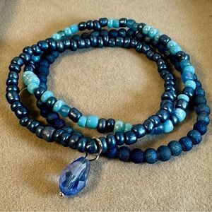 Blue Beaded Bracelets with Oceanic Design and charm pendant stack set of 3